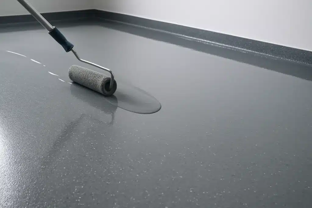 Epoxi padlóbevonat felhordása sima szürke felületen